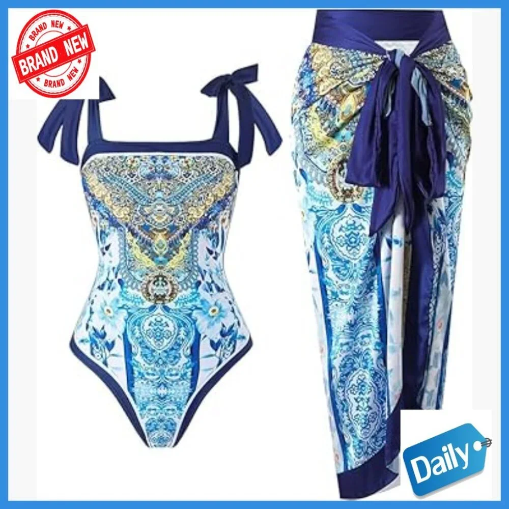 Retro Floral One Piece Swimsuit with Cover Up Skirt Slim Fit XXL